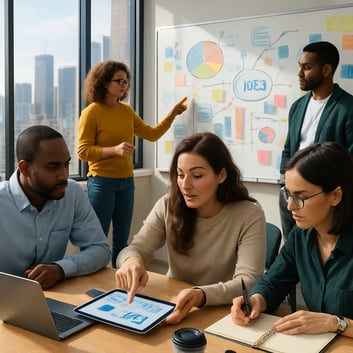 The image depicts a modern office space filled with natural light showcasing a diverse team of professionals engaged in a collaborative brainstorming-1