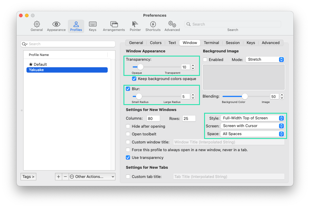 Setting profile window configuration in iTerm2