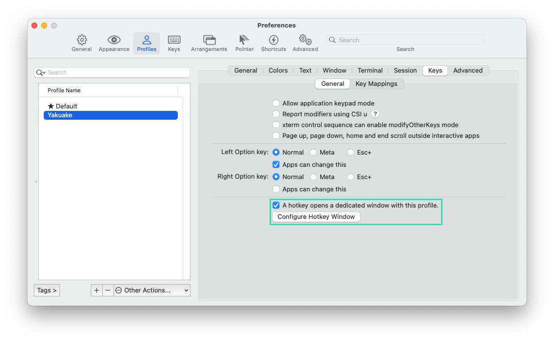 Adding a hotkey to iTerm2 profile