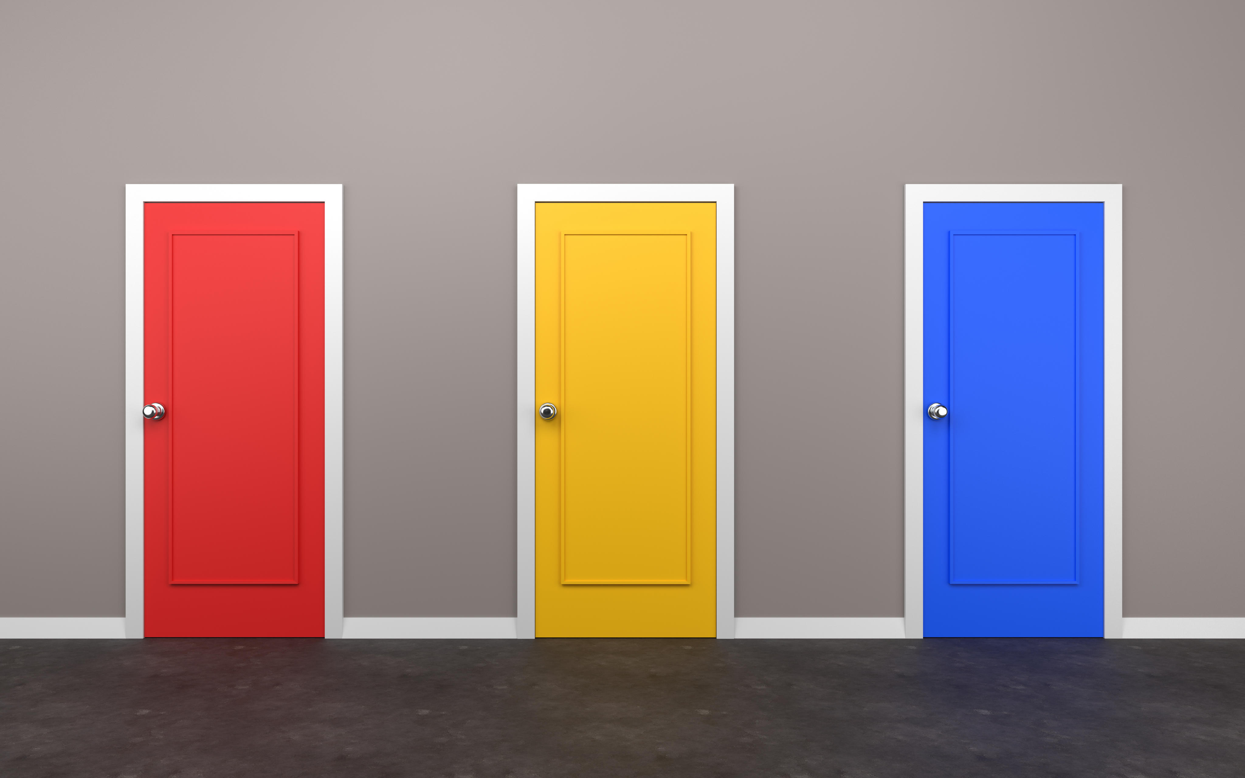 Three doors, one red, one yellow and one blue