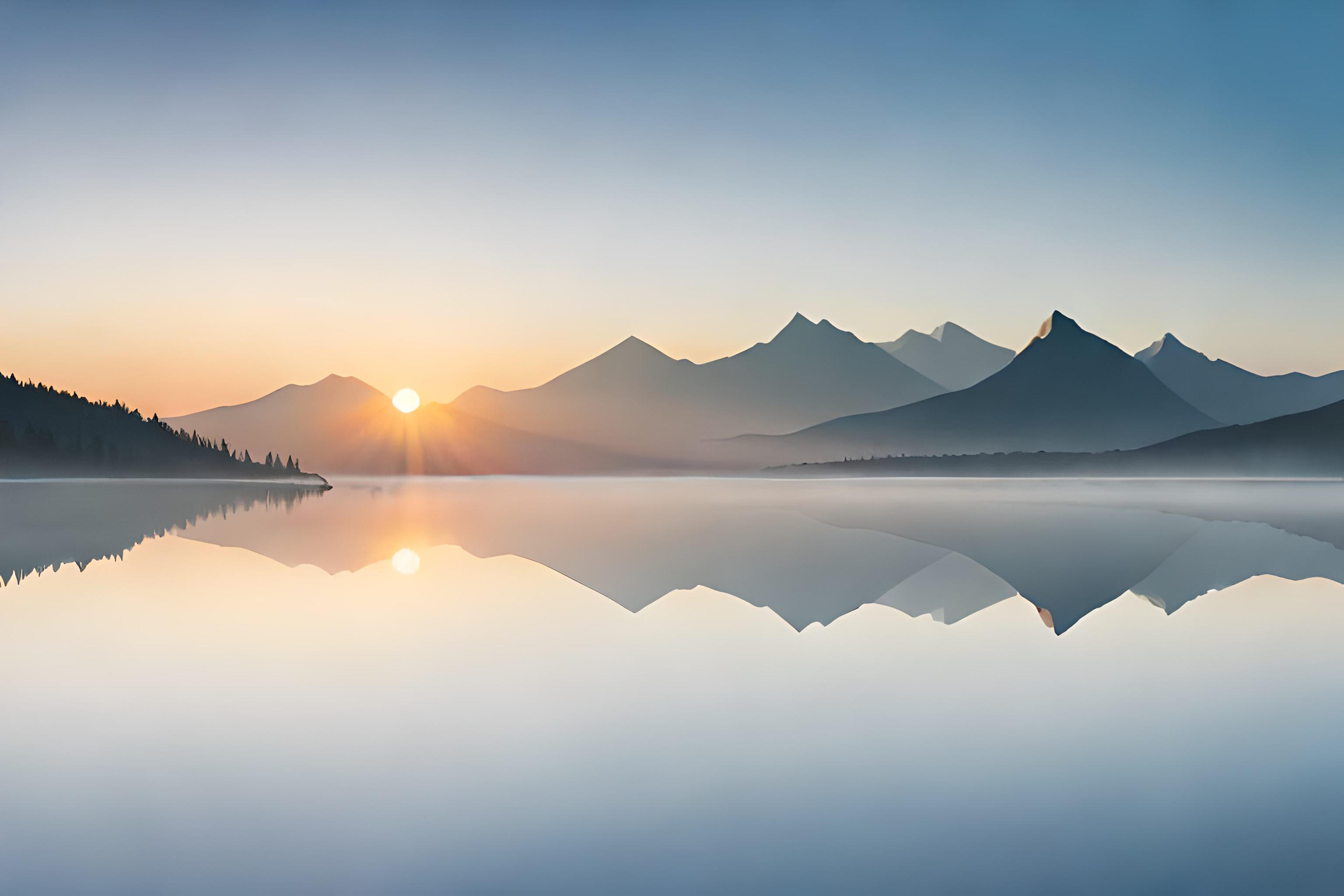 Sunrise peeking through mountains reflected in lake
